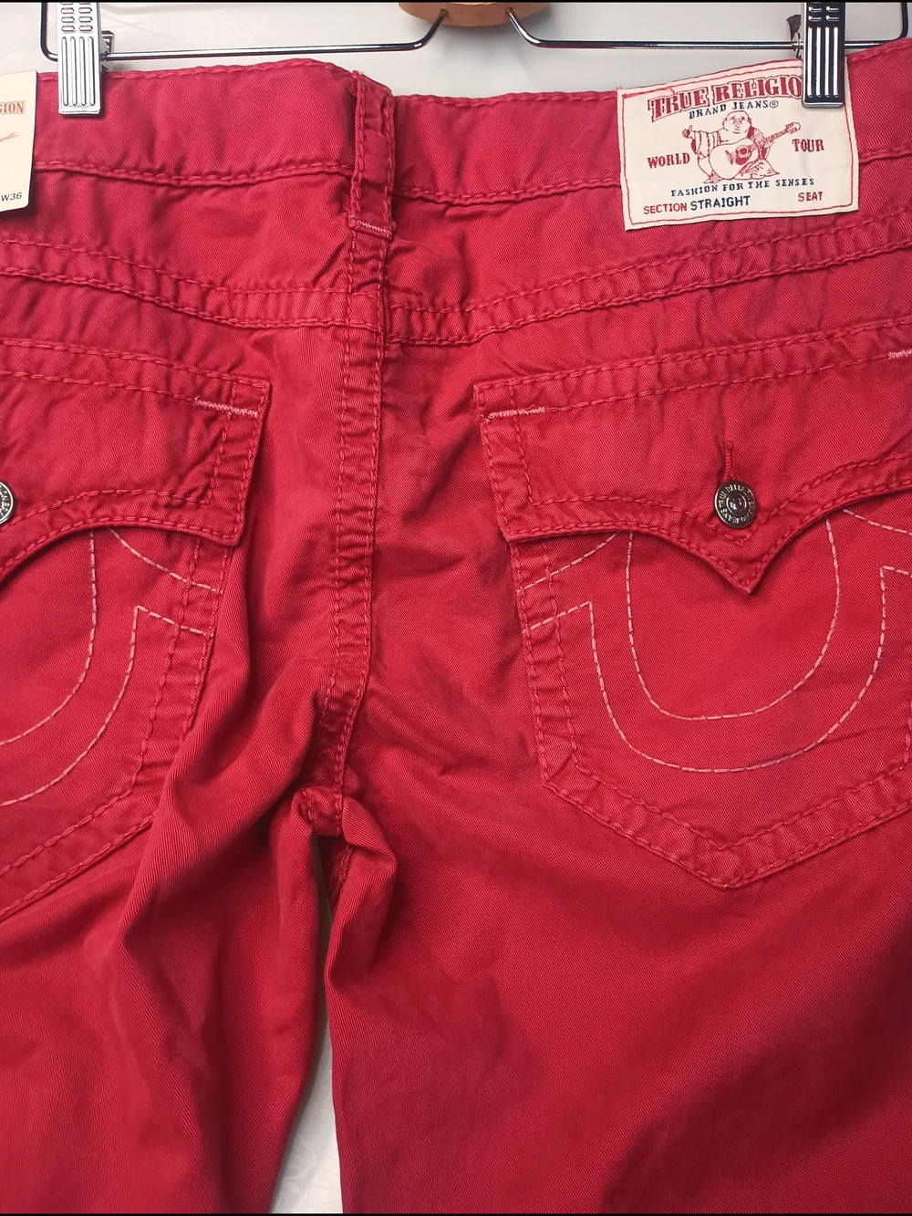True Religion Straight Flap DTM Big T W GLD Ruby Red Size 36